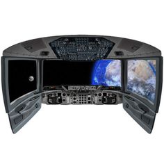 an airplane cockpit with two monitors and earth in the background, on white background