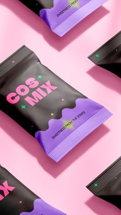 six bags of candy on a pink and purple background with the words cosmomix printed on them