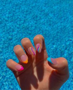 French Tip Summer Nails Almond, Pink And Organs Nails, Colorful French Tip Nails Summer, Preppy Almond Nails Designs, Vibrant Summer Nails French Tip, Designed Nails Art, Preppy Nail Designs Summer, Cute Nails Summer Almond, Summer Nail Inspo Multicolor