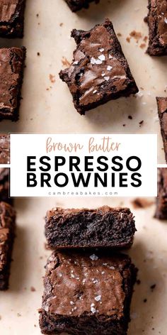 chocolate brownies stacked on top of each other with the words espresso brownies above them