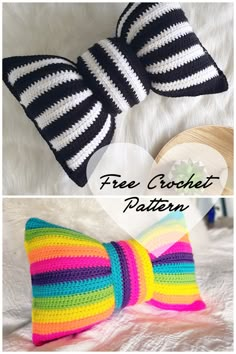 two crocheted pillows with different patterns on them and the text free crochet pattern