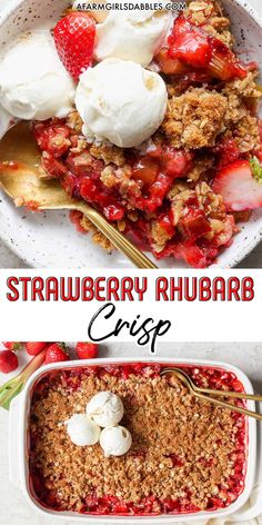 strawberry rhubar crisp with ice cream on top