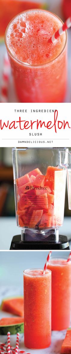 three ingredient watermelon drink in a blender with strawberries