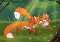 two foxes in the woods one is biting another's tail while the other looks on