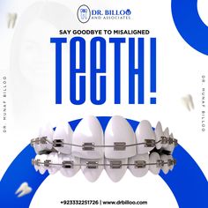 an advertisement for dental practice with teeth in front of blue and white swirly background