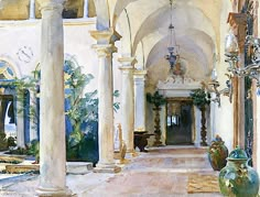 a painting of a hallway with columns and vases on the floor in front of it