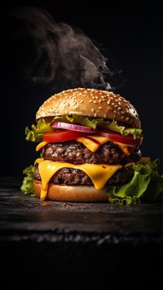 a hamburger with cheese, lettuce, tomato and pickles on it sitting on a black surface