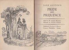 an open book with the title pride and prejudicce written in black ink