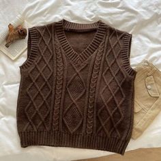 Academia Outfits, Jacquard Sweater, Cotton Clothing, Knit Sleeve, Vest White, Women Sleeve, Knit Outfit, Sweater Vest, Aesthetic Clothes