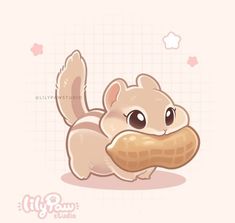 an animal with a piece of bread in it's mouth on a pink background