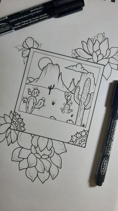 an image of a drawing with flowers and cactuses on it next to a marker pen