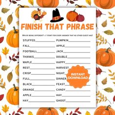 a printable thanksgiving trinket with pumpkins and leaves on the side, in front of a white background that says finish that phrase