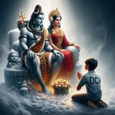 there is a man sitting next to a child on a throne with the image of hindu god