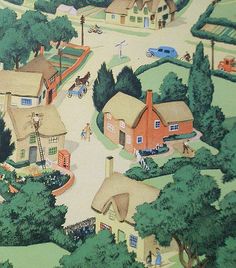 a painting of a village with houses and cars