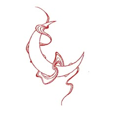 a drawing of a crescent moon with red lines on it's face and bottom half