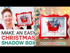 a woman holding up a christmas shadow box with the words make an easy christmas shadow box