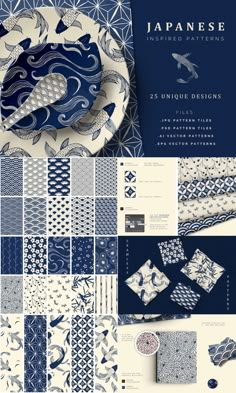 an assortment of blue and white japanese patterns on plates, napkins, and paper