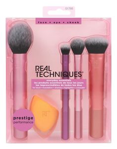 Real Techniques Everyday Essentials Brush Set - Pack of 5 Real Techniques Everyday Essentials Set is a one-and-done set for pro-styled looks. The set comes with the brand's fan favorites: 400 Blush Brush, 300 Deluxe Creasing Brush, 402 Setting Brush, 200 Expert Face Brush and the Miracle Complexion Sponge. It is best used with foundation, concealer, blush, highlighting, and shadow to master face, cheek, and eye makeup. For best results, clean them weekly with our brush cleansing gel. Set Include Real Techniques Setting Brush, Essential Makeup Brushes, Makeup Blender Sponge, Real Techniques Brushes, Makeup Blending, Makeup Blender, Makeup Brush Kit, Blush Highlighter, Real Techniques