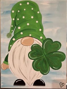 a painting of a green lepreti gnome with four leaf clovers