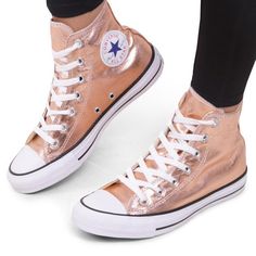 Rose Gold Converse Copper High Top Blush Metallic w/ Swarovski Crystal Chuck Taylor Rhinestone Bling Rose Gold Converse, Gold Converse, Metallic Gold Shoes, Converse Gold, Copper Blush, Converse Tennis Shoes, Black And White Sandals, Bling Converse, Wedding Sneakers