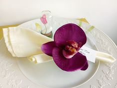 a purple flower sitting on top of a white plate