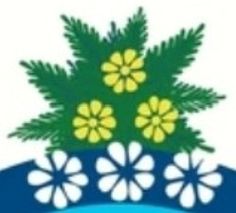 a blue and white logo with yellow flowers on the bottom, and green leaves in the middle