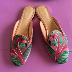 The Beautiful Mules Are Made Of Brocade Like Fabric, With Leather Insoles And Leather Soles. They Were Made In Italy! Flamingo Shoes, Charlotte Olympia Shoes, Shoe Gallery, Swag Shoes, Fabulous Shoes, Pink Shoes, Charlotte Olympia, Box Color, Mule Clogs