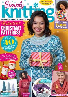 the cover of simply knitting magazine with an image of a woman holding a wrapped present