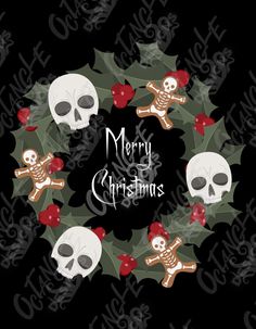 a christmas wreath with skulls and holly leaves on it, surrounded by the words merry