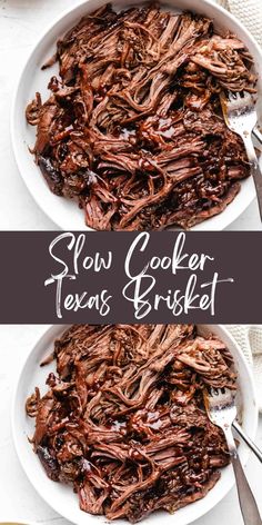 two bowls filled with slow cooker texas brisket on top of a white table