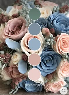 a bridal bouquet with roses and succulents in shades of blue, pink, gray