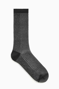 Made with metallised fibres, these shiny ribbed socks have a subtle sheer finish with solid contrast heels and ribbed cuffs. 74% Polyamide (Nylon), 26% Metallised fibre / Machine wash cold Ribbed Socks, Sheer Socks, Glass Drop Earrings, Ballet Pumps, Woman Silhouette, Knitwear Men, Socks And Tights, Shopper Bag, Strappy Sandals