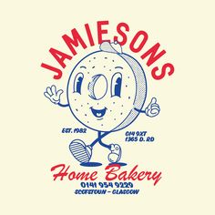 a t - shirt with the name james's home bakery on it and an image of a cartoon character holding a tennis racquet