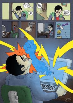 a comic strip with an image of a man using a laptop