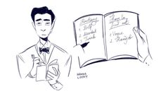 a drawing of a man in a suit holding an open book with writing on it