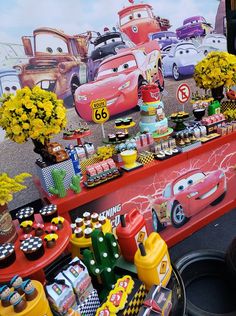 cars themed birthday party with decorations and food