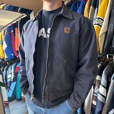 *Size men's L, refer to measurements *In great condition *Has a great fade *Great color, can go with any outfit *Some minor scuff marks on front and sleeves of jacket, refer to photos *Has a great fit *Zipper works great *Snaps work great *Flannel interior lining *Message us any questions *Model 6'1 Chest: 25.5 in Length: 24.75 in Detroit Carhartt Jacket, Detroit Outfit, Detroit Jacket, Carhartt Detroit, Carhartt Mens Jacket, Carhartt Jacket, Vintage Carhartt, Men's Jacket, Mens Jackets