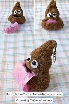 there is a crocheted bag with eyes and mouth on the ground, one has a pink tissue paper in it's mouth