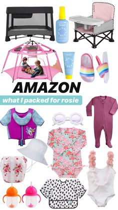 an assortment of baby items and toys with the title amazon what i packed for rose