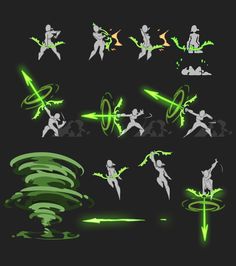 the silhouettes of various people are shown in different poses and shapes, including arrows