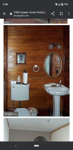 two pictures of a bathroom with wood paneling and white fixtures, one showing the sink and mirror