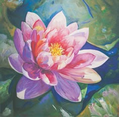 a painting of a pink water lily on green leaves