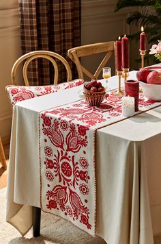 a table topped with a bowl of fruit and two candles