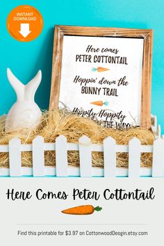 there is a sign that says here comes peter cottontail with a carrot next to it