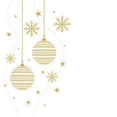 three christmas ornaments hanging from strings with snowflakes and stars around them on a white background