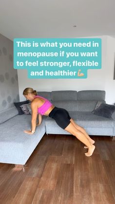 a woman laying on top of a blue couch next to a gray couch with the caption, this is what you need in menopase if you want to feel