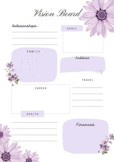 a purple and white floral design with the words vision board on it