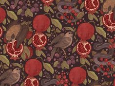 a pattern with birds and pomegranates on a dark background