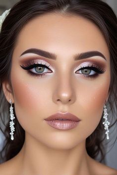 Wedding Bridal Makeup Hooded Eyes, Makeup To Go With Rose Gold Dress, Sparkle Bride Makeup, Wedding Cat Eye Makeup, Dramatic Bridesmaid Makeup, Makeup Looks For Mauve Dress, Super Woman Makeup Halloween, Bridal Makeup Romantic Glam, Glam Makeup For Pink Dress