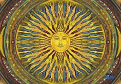 the sun is surrounded by many different colors and shapes, including an intricate design on the face